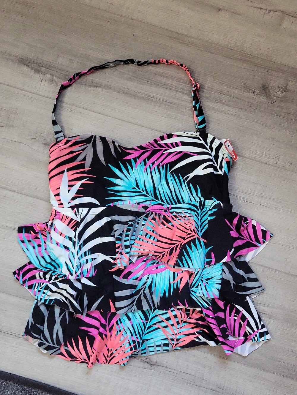 Island Escape Black Tankini Top with Teal Leaf Print